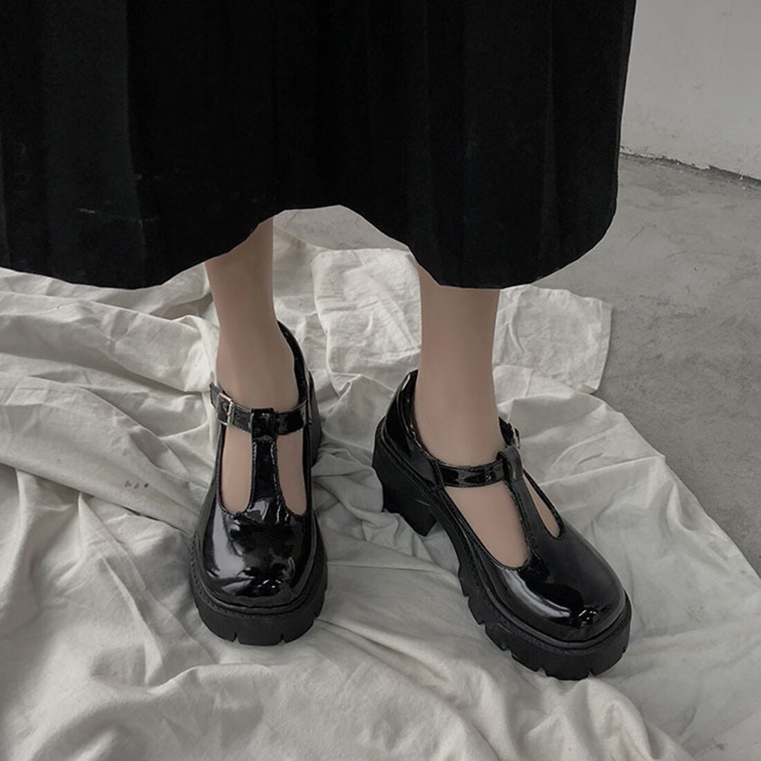 Sorte høje hæle sko kvinder pumps lak platform sko kvinde rund tå mary sko botas mujer: 3 / 35