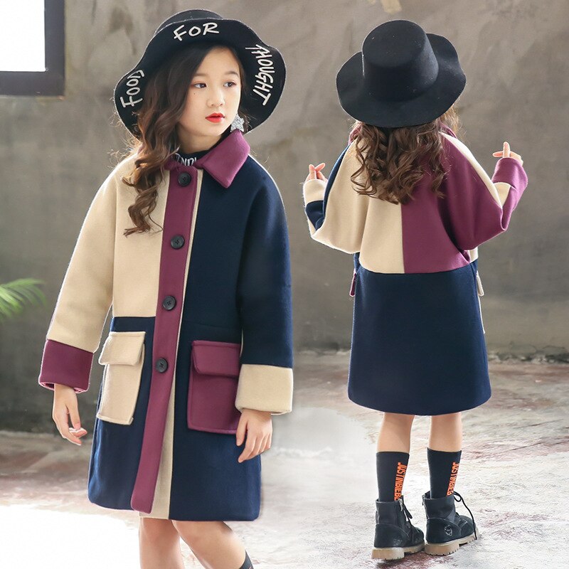 Keelorn Delle Ragazze del Cappotto 2020 Autunno Inverno di Lana Trench E Impermeabili Cappotto Della Rappezzatura di Modo Outwear Semplice Stile Abbigliamento Caldo 4-13 Anni vecchio