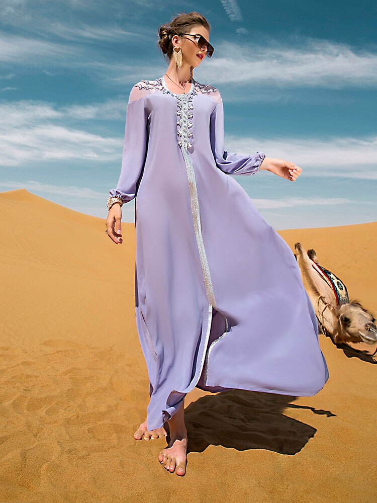 Handsewn Rhinestone Arabian Party Long Dress Moroccan Evening Caftan Dubai Saudi Gulf Muslim Gown Wedding Ramadan Abaya Kaftan