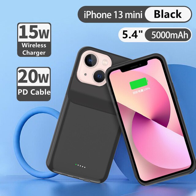Backup Powerbank Cover Voor Iphone 13 Pro Max 13 Mini Draadloze Opladen Batterij Charger Cases Externe Batterij Snel Opladen Case: 13 mini Black