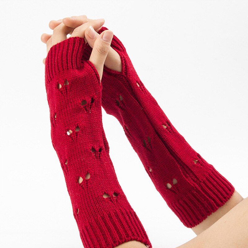 1 par kvinder vinter udhulede hæklede fingerløse handsker ribbet strik trim armopvarmere ensfarvet elastisk vante med tommelfingerhul: Rød