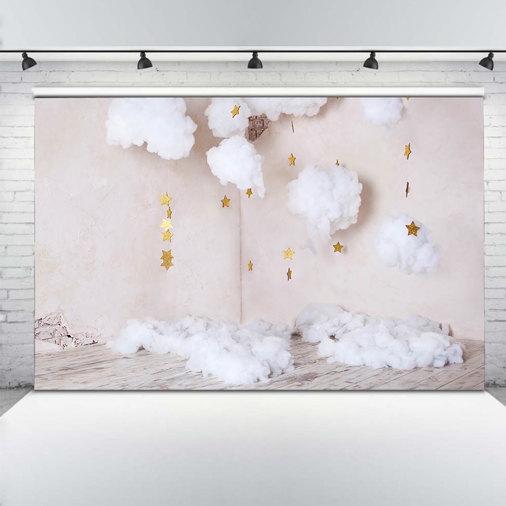 -né scintillant petite étoile Portrait photographie toile de fond Photo Studio doré blanc nuage enfants fête d'anniversaire Selfie fond