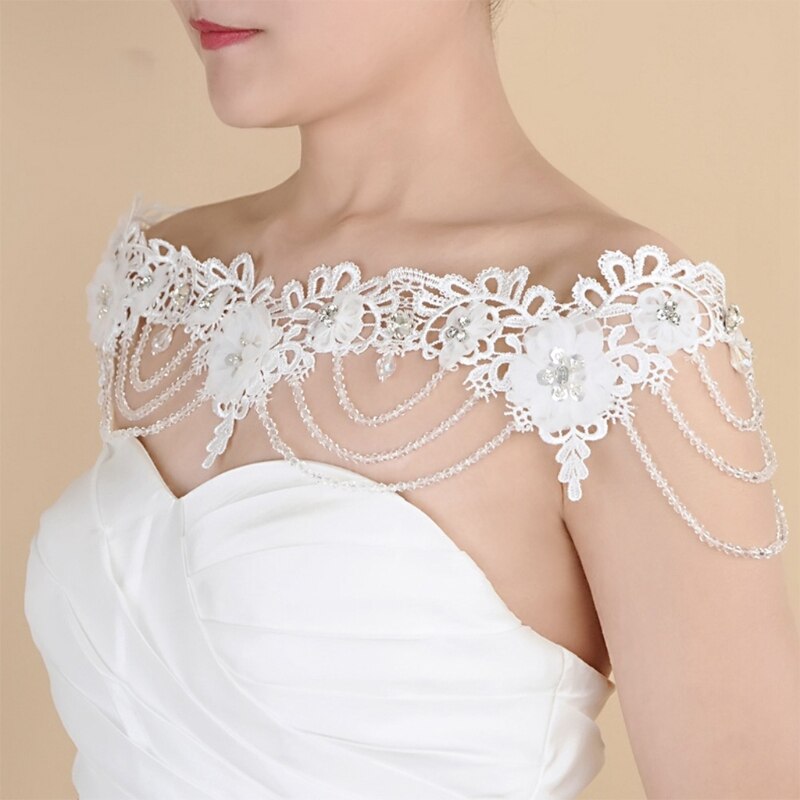 Wedding Bridal Jewelry Off Shoulder Chain Necklace Embroidery Lace Flower Bib Collar Crystal Beading Shawl Harness