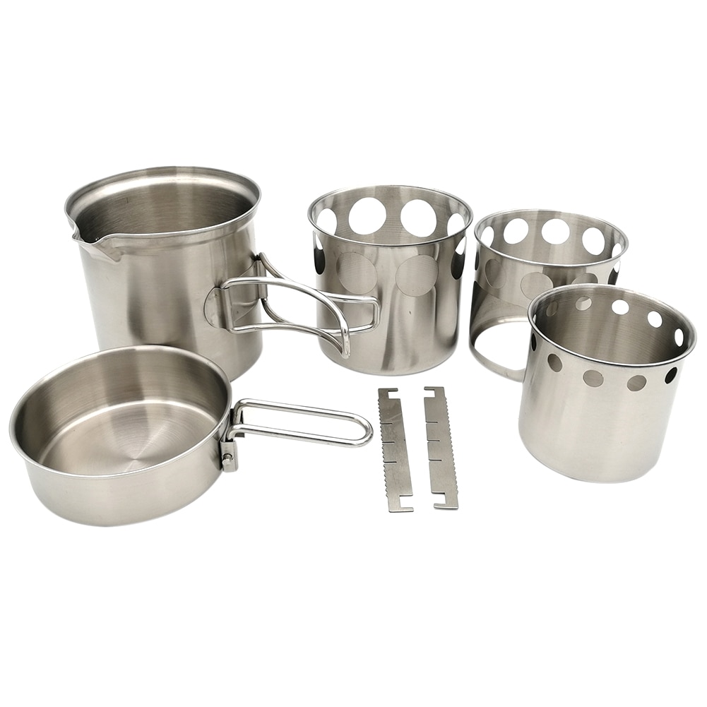 Camping Wood Stove Cooking Pot Set Stainless Steel Tableware Folding Cookware for Backpacking Fishing Pesca Outdoor Picnic