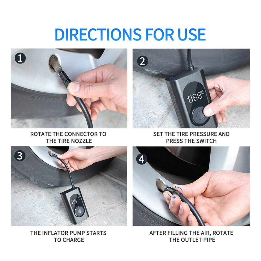 Wiederaufladbare autoluftpumpe mit 150 psi, tragbar, mit led-anzeige und digitaler reifendruckanzeige für fußball, auto, fahrrad und motorrad