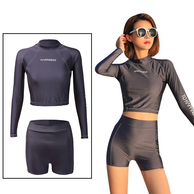 Traje de baño de cuello alto para mujer, conjunto de Bikini corto de dos piezas con Top acolchado, traje de baño de manga larga con protección solar UV: M