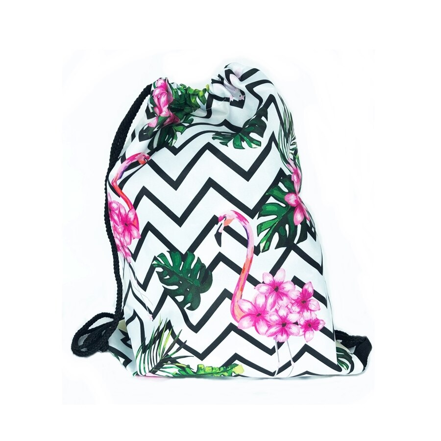 Mochila de corda para mulher, cor verde com estampa de pijamas e flores, 100% poliéster