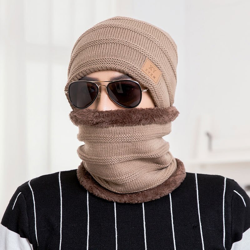 Vinter strik hue hue herre 2- -delt hat tørklædesæt nyeste mandlige kasket varm kasket & halsvarmer med tyk fleece foret: Khaki
