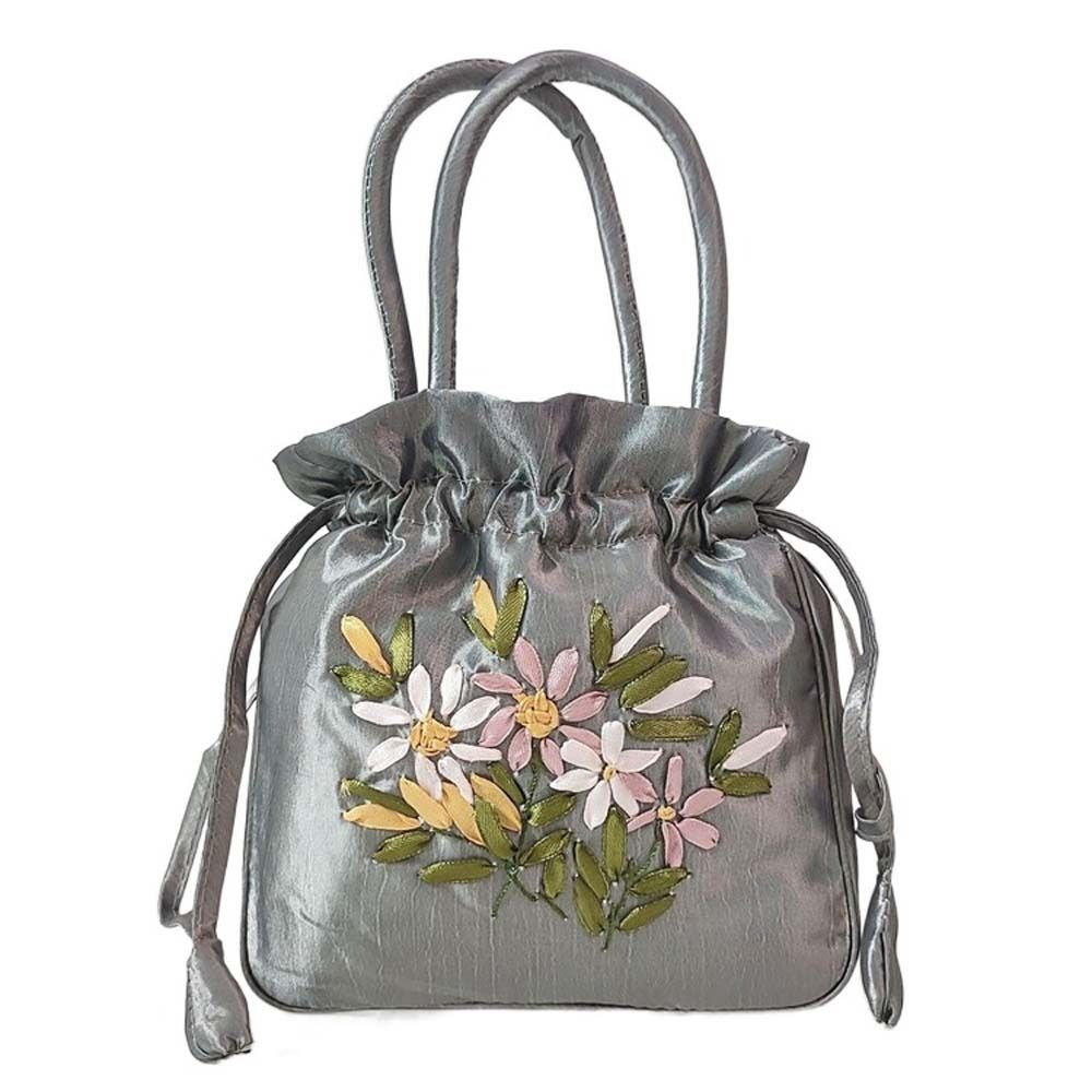 Bolso de mano con bordado de seda satinada para mujer, cartera pequeña con cordón Floral, Hanfu, Retro y