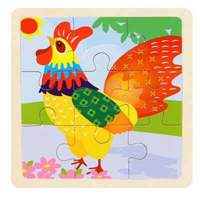 Mini Size 11*11cm Wooden 3D Cartoon Puzzle Jigsaw for Children Kids Cartoon Animal/traffic Puzzles Educational Toy Girl Boy: cock