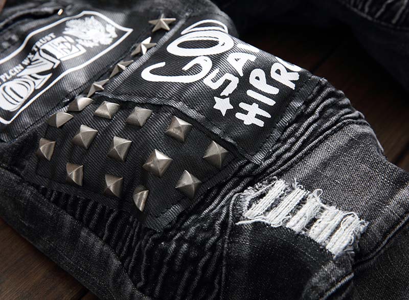 KIOVNO Jeans Bukser til Mænd - Flossede, Plisserede, Nitter, Patchwork, Denim, Punk Stil