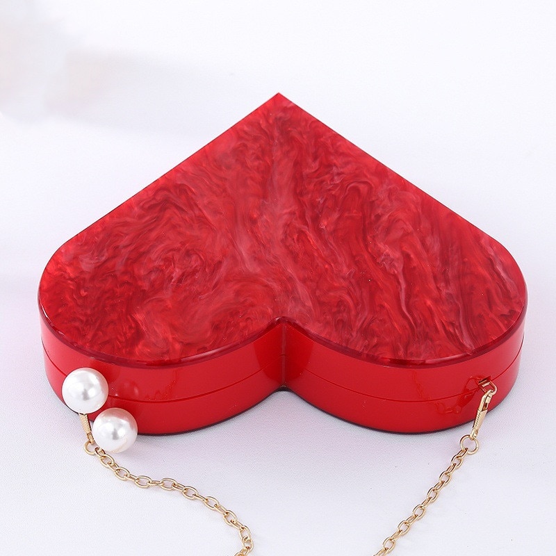 Unique Acrylic Clutch Cute Red Heart Shape Pearl Chain Party Evening bag Women Shoulder Bags Handbag Purses