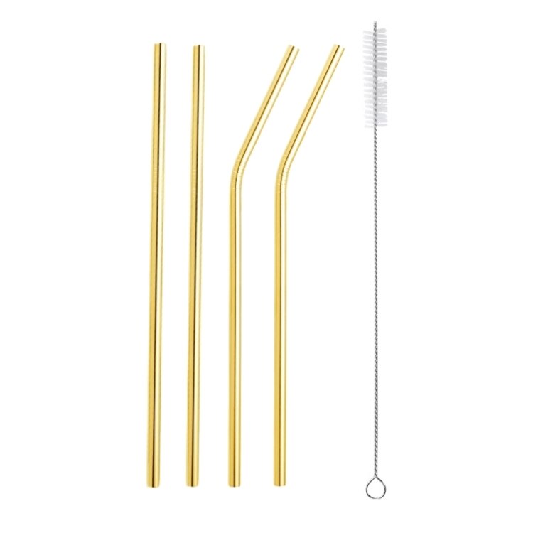 Acero inoxidable 304 pajilla de Metal pajilla reutilizable + 1 cepillo respetuoso del medio ambiente de paja recta curva cepillo de limpieza de la barra del Partido de accessories20Oz: C-Gold  5PC
