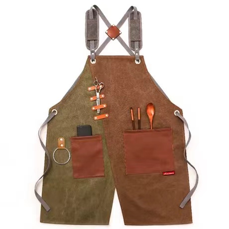 Canvas Chef Apron Cross Back with Pockets for Women Men Adjustable Strap And Large Pockets ApronKitchen Cooking Baking Bib: Yellow and green