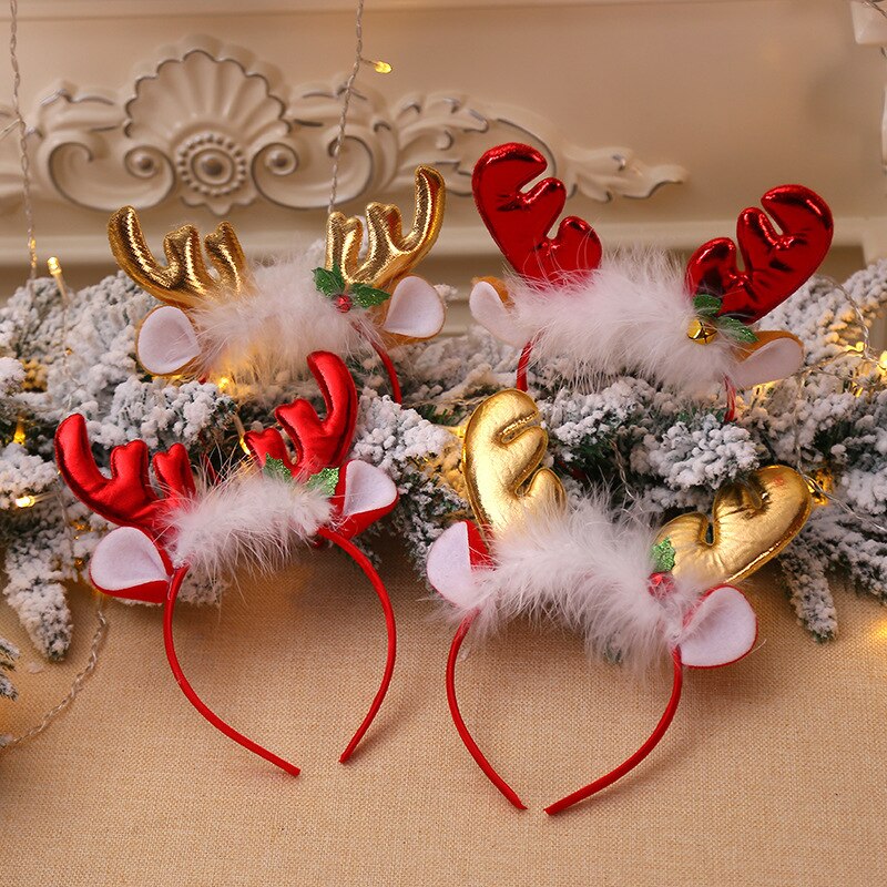 20pcs Funny Cute Red Gold Plush Antler Reindeer Head Buckle Headband Headwear Party Children Adult Navidad Christmas