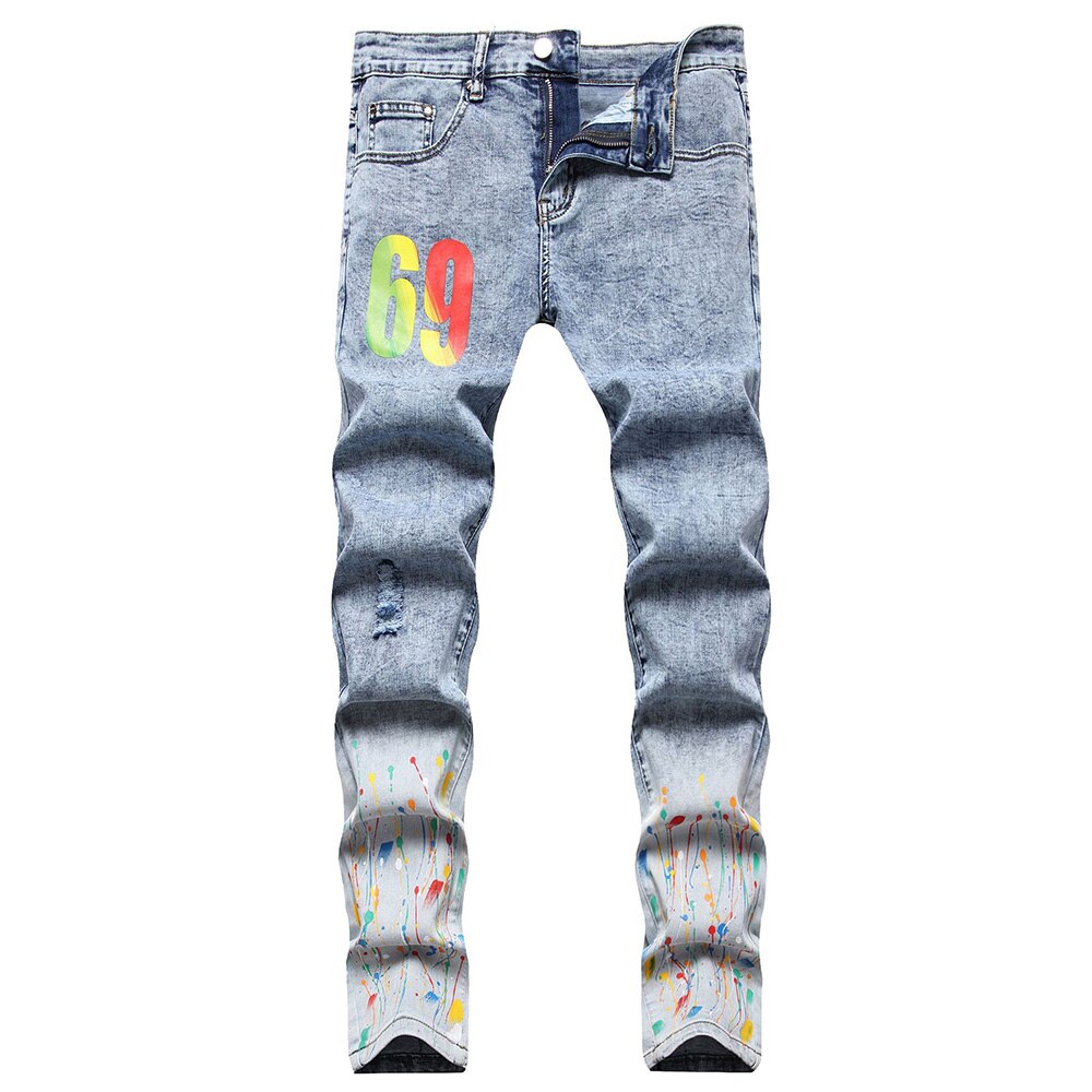 Jean Streetwear imprimé pour hommes Y2K, pantalon en Denim extensible peint à la Rose, trous tendance, pantalon droit Slim déchiré