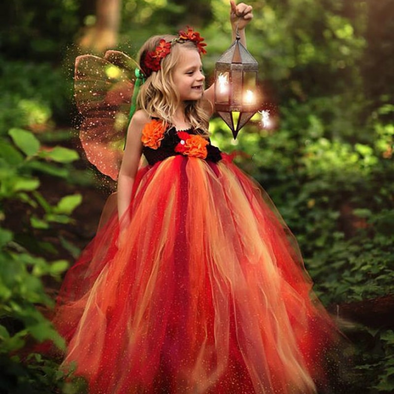 Schattige meisjes oranje fee tutu jurk kinderen halloween tule jurk baljurk met vlindervleugels kinderen cosplay kostuum feestjurk