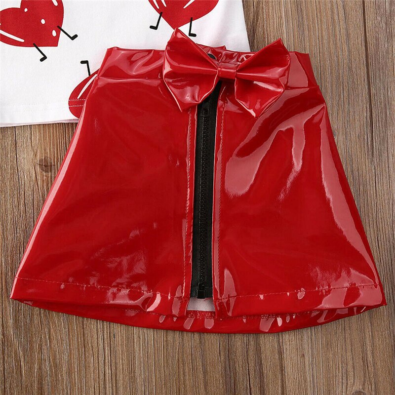 2020 Toddler Girl Clothes Set Kids Baby Infant Summer Clothing Girls Cute T-shirt top Set di gonne in pelle PU rossa