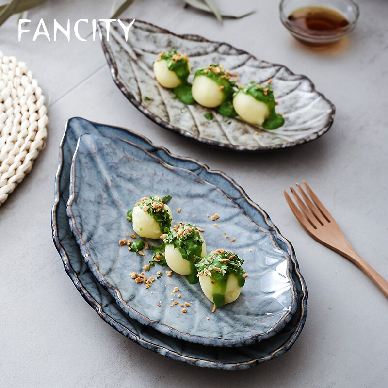 FANCITY platos de hojas de cerámica, platos para sushi del hogar, platos irregulares retro creativos, platos de aperitivos exóticos