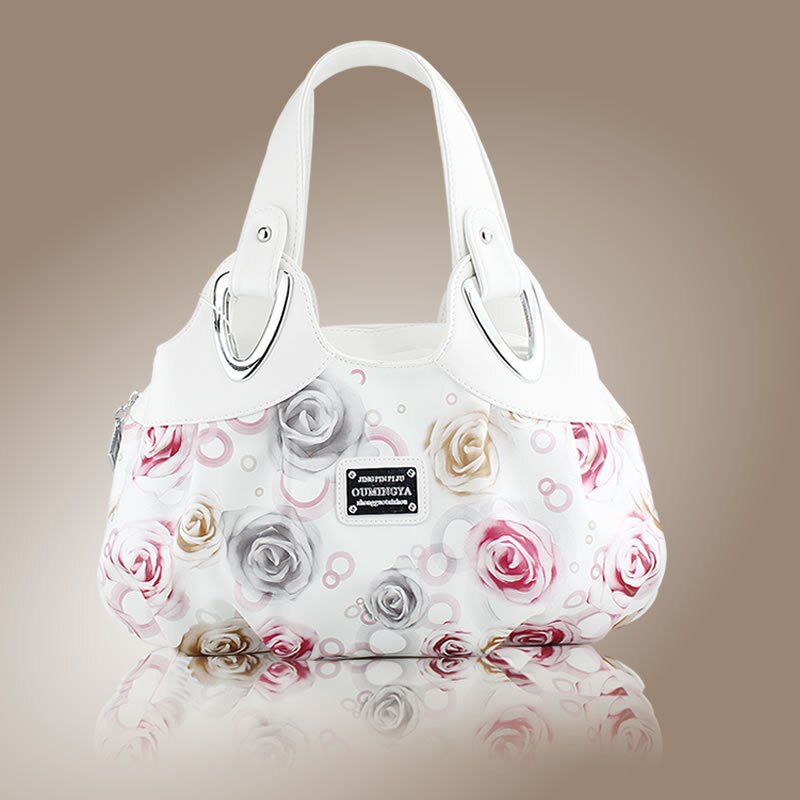 Korean handbag beautiful Women PU leather Bag Tote Bag Printing Handbags many style Satchel MM5: White Red Rose