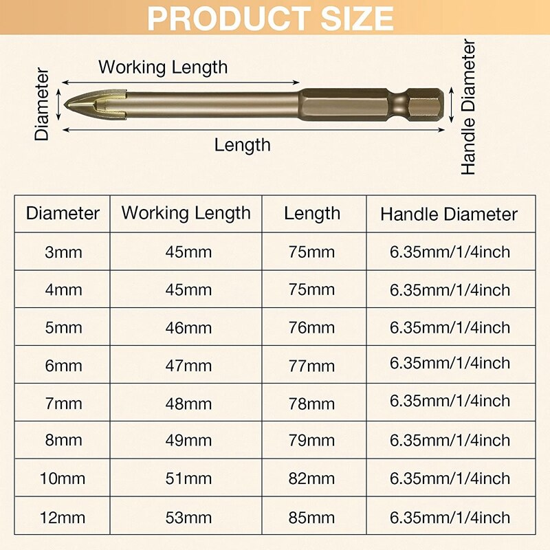 10 Stuks Metselwerk Boren Carbide Tip Boren Set Snijden Boor Voor Boren Glazen Tegel Baksteen Hout Beton