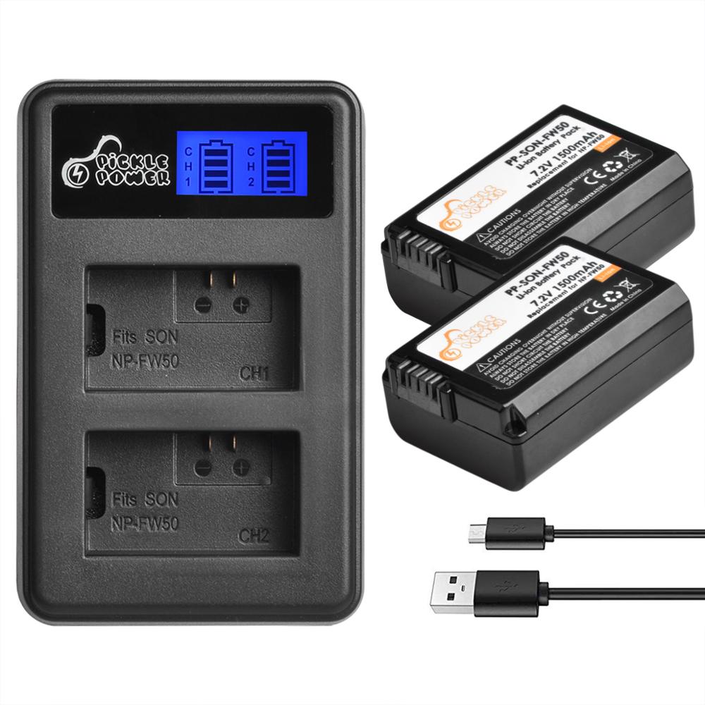 Batería NP-FW50 NP FW50 de 1500mAh y cargador Dual LCD para Sony Alpha a6500, a6300, a6000, a5000, a3000, NEX-3, a7R: 2 battery 1 charger