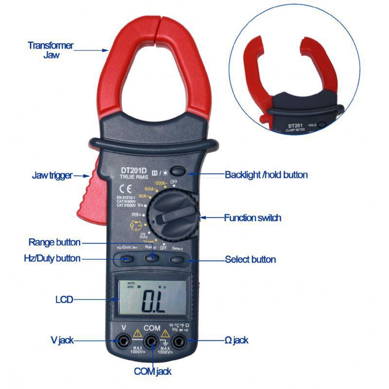 DT201 1000V DC Current Clamp Meter LCD Digital Handhold Tools Digital Clamp Meter AC/DC Multimeter Clamp Ammeter Large Jaw