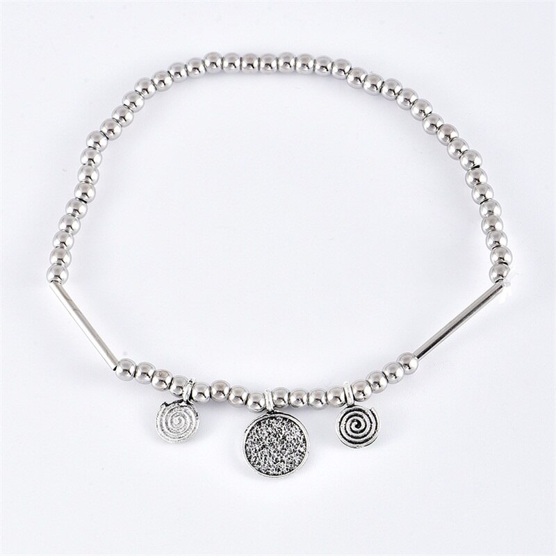 4Pcs/Set Anklets Women Geometric Leaf Beaded Pendant Silver Color Anklet Set Bohemian Charm Beach Jewelry