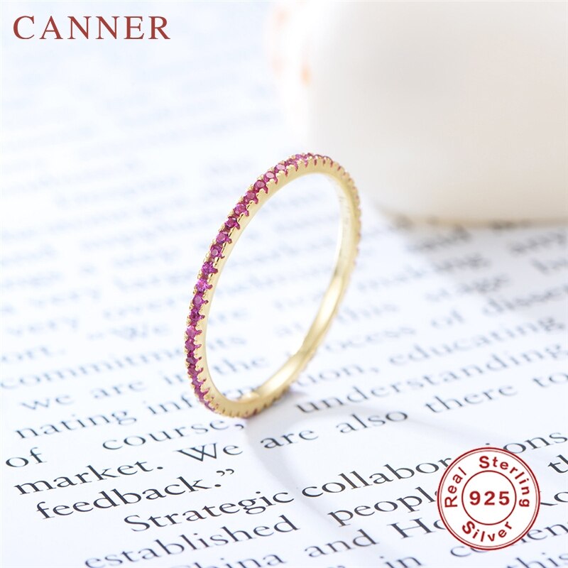 Simple Trendy 925 Sterling Silver Rings for Women Multicolor Mini Rainbow Zircon Single Row Drill Wedding Rings Jewelry: red / 8