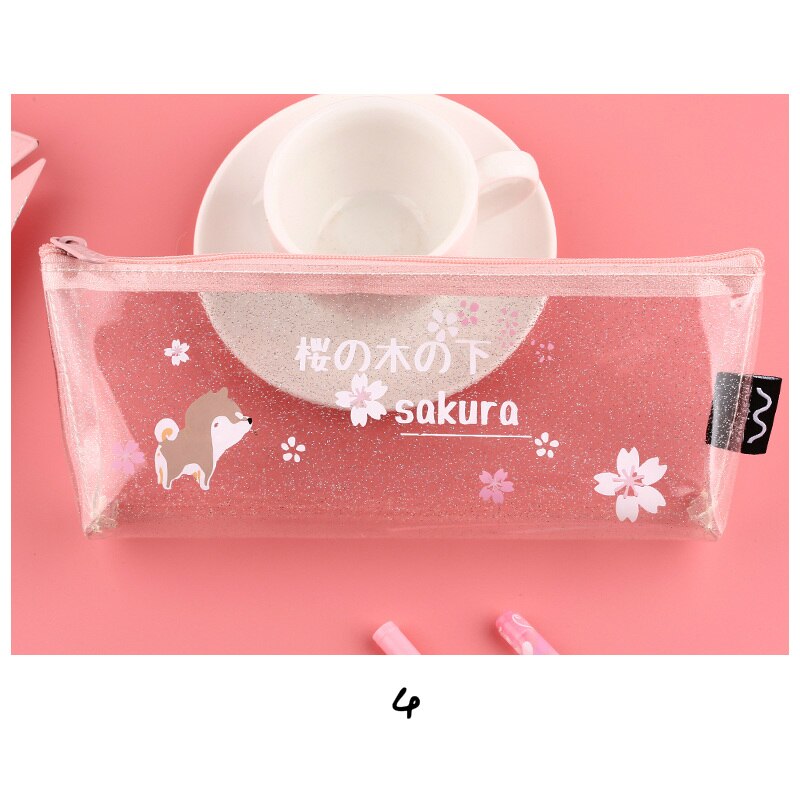 Mr.Paper 4 Designs Pink Cherry Blossom Shiba Inu Transparent Pencil Bags School Case Student Large Size Pencil Bags: 4