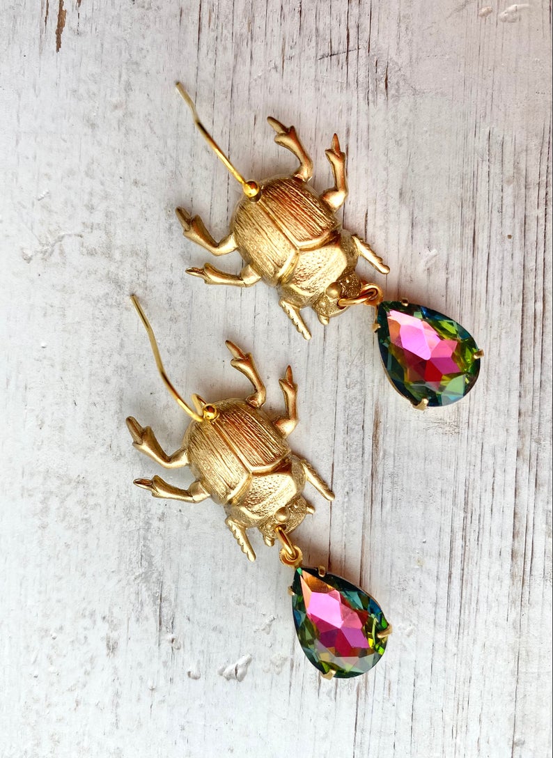 Beetle Earrings Jeweled Bug Jewelry Scarab Entomologist Insect Crystal Earrings