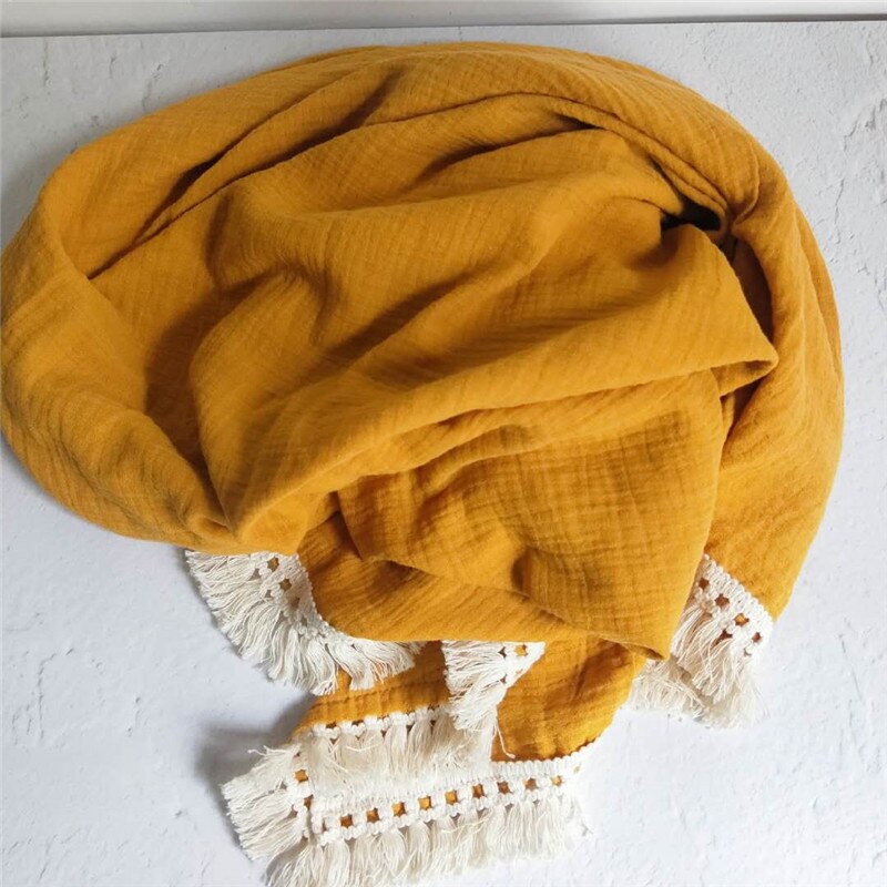 Bomullsmuslin bebis flicka pojke filtar nyfödd linda filt tofs bebis mottagande filt spädbarn sova täcke sängöverdrag: Senap / 80 x 65cm