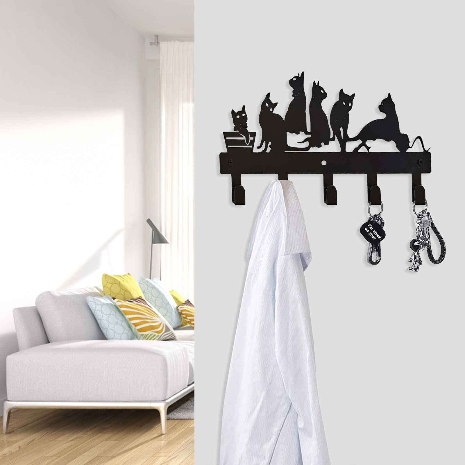 Porte-clé mural Vintage en métal noir, 5 crochets, ceinture de décoration