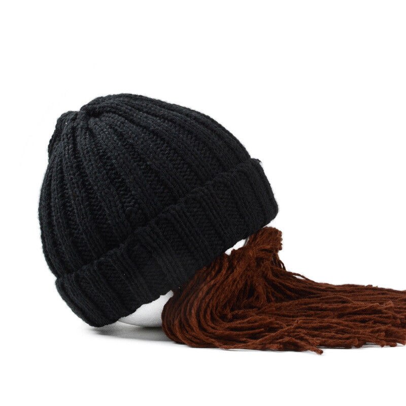 Men Warm Wool Beanie Beard Face Mask Crochet Winter Ski Cosplay Prop Caps Hats, Black