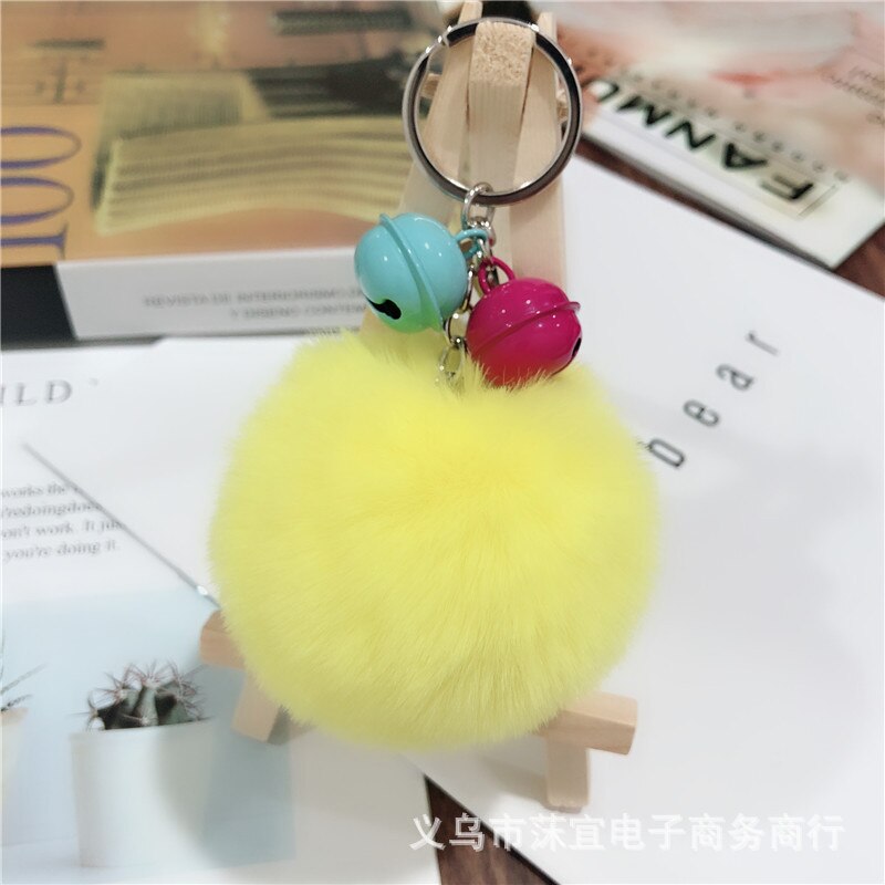 -love 8cm faux rex kanin pom-pom nøglering tiy kontrast farve klokke par taske tilbehør sydkorea små smykker tilbehør: Gul