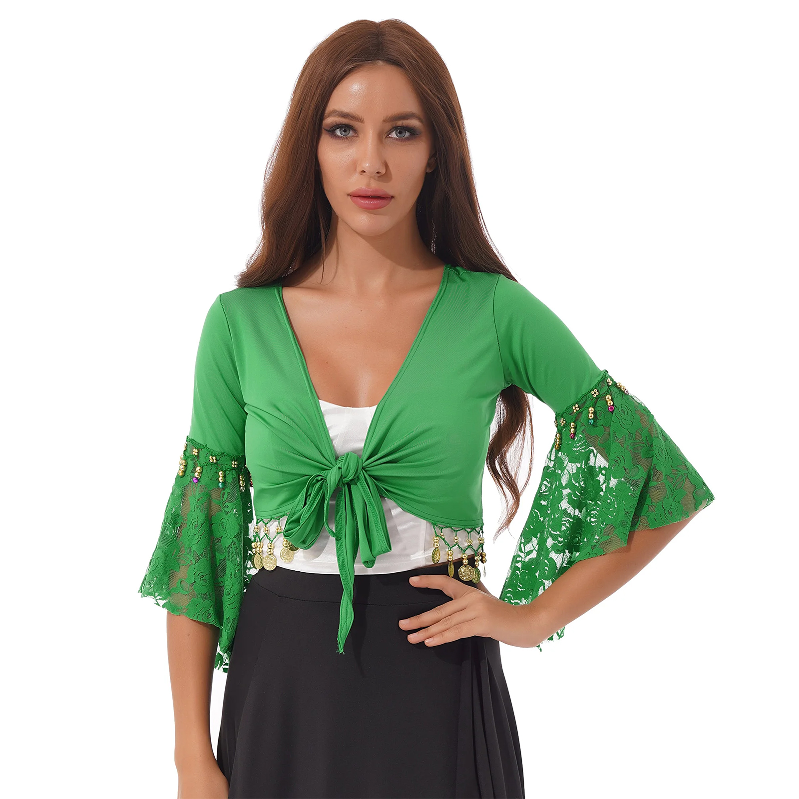 Vrouwen Kwastje Buikdans Top Sexy Pailletten Bra Crop Tops Vrouwelijke Mode Bel Kraal Kant-Up Praktijk kleding Vest: XXL / green