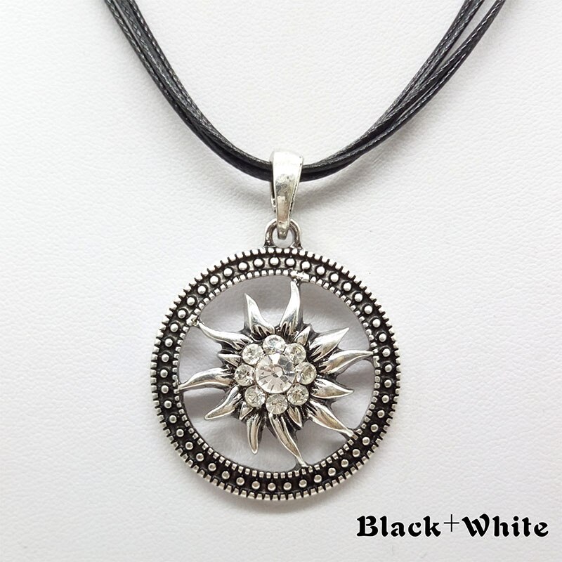 Vintage Zilveren Gesneden Edelweiss Ketting Hanger Zonnebloem Dirndl Traditionele Duitse Sieraden: black white