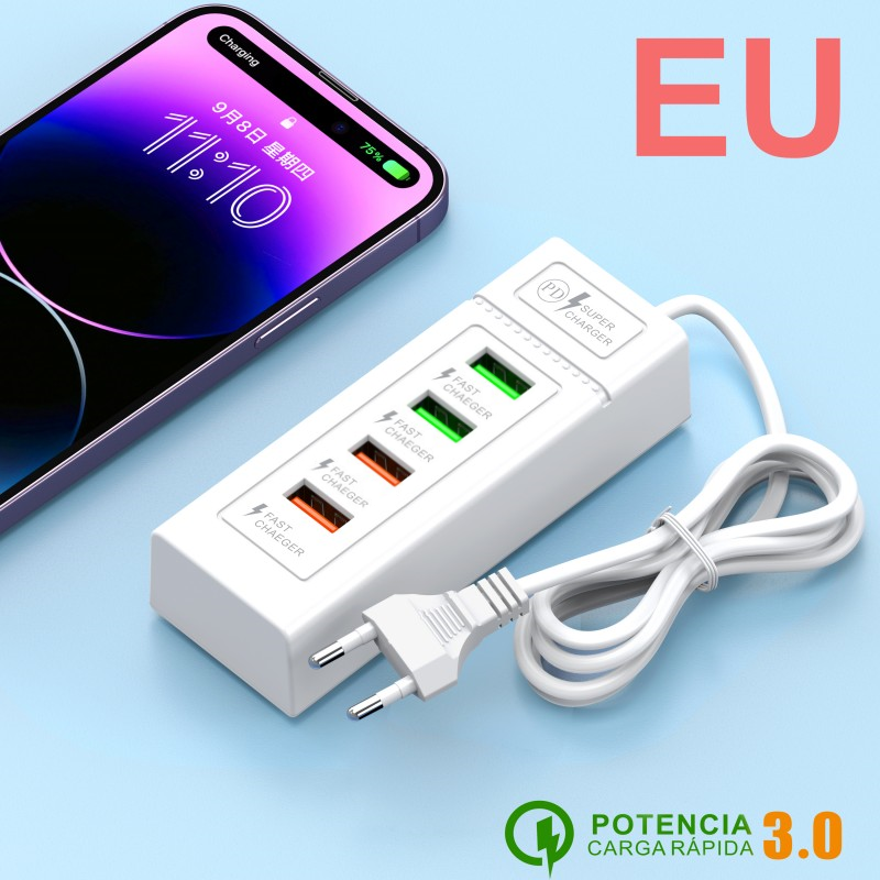 4- porters usb c hurtigladende reiselader med 1m kabler multiporter type c vegglader eu/us/uk plugg pd strømadapter lader: Mørk grå