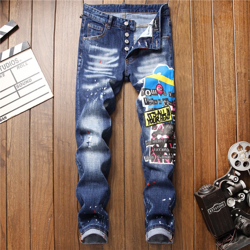 Jeans men Japanese and Korean denim jeans men's embroidery blue pencil jeans men: 36