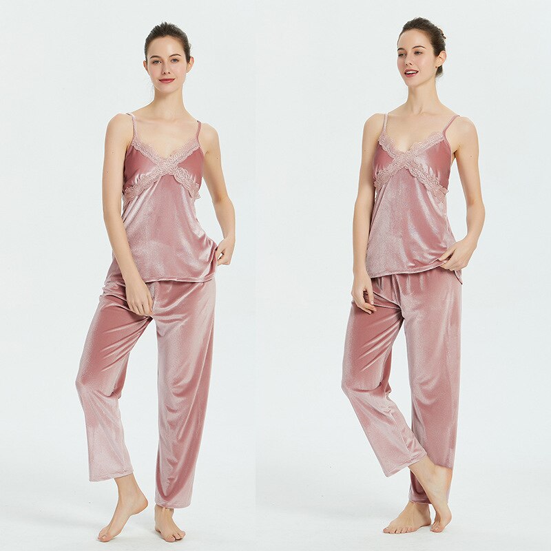 Camisón de terciopelo para mujer, traje de tres piezas, SEXY, con encaje y pantalones, para primavera y otoño