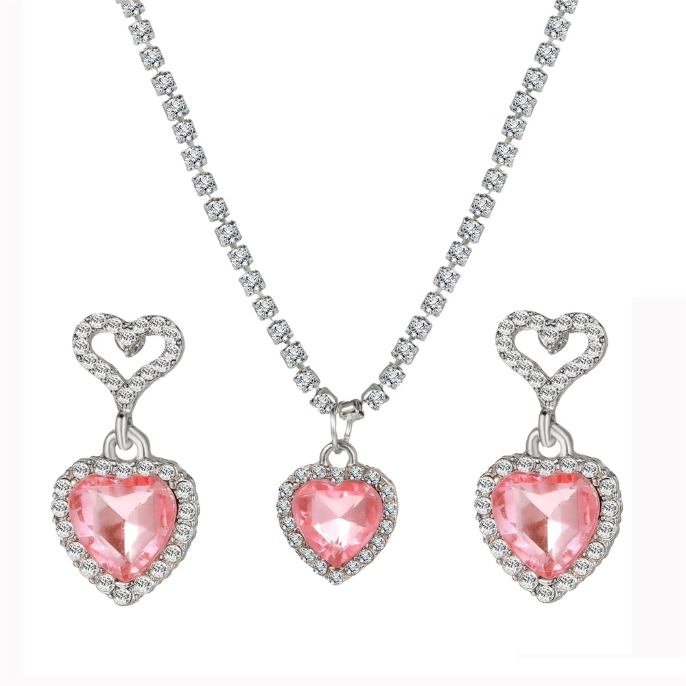 Conjunto de collar y pendientes de cristal rosa con circonita de corazón para mujer, collar colgante de lujo, pendientes, conjuntos de joyería de boda, , 3 uds.: Color amarillo dorado claro