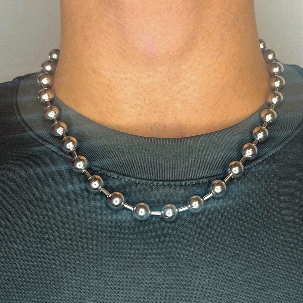 Grunge Y2K declaración de gran tamaño 10mm cadena de bolas gargantilla collar plateado hecho a mano gótico Unisex hombres mujeres joyería gruesa: Rojo-marrón