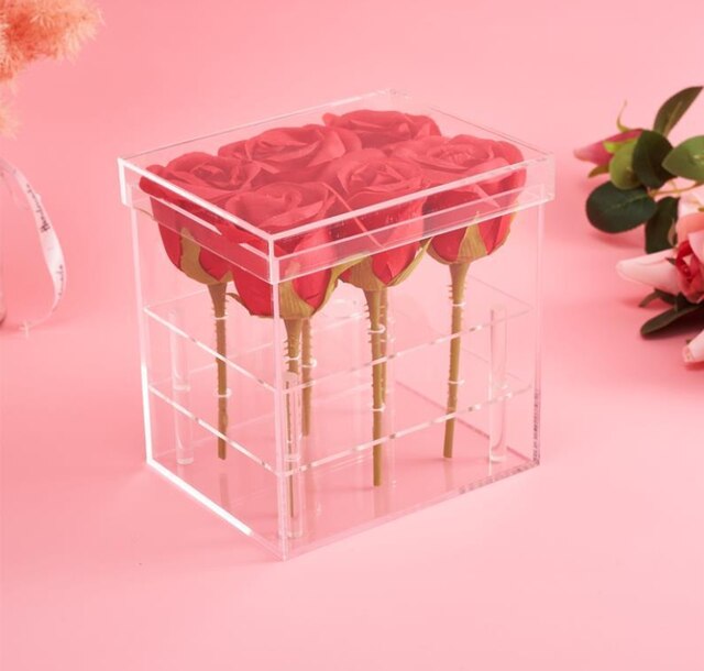 Acrylic Rose Flower Box Makeup Organizer Artificial Flower Bouquet Valentine's Day Wedding Decor Box: 6 Holes Box