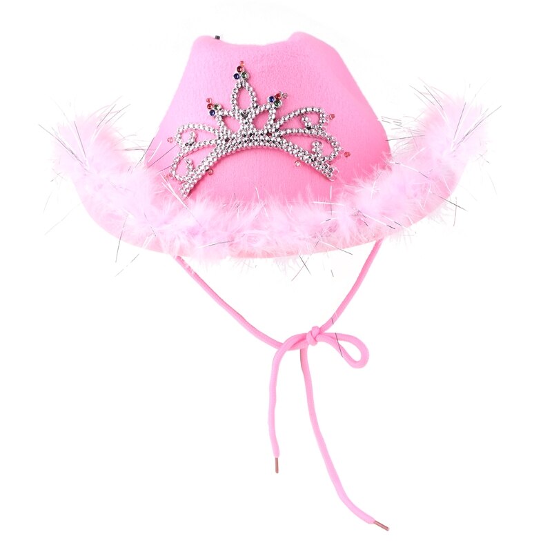 Roze Cowgirl Hoeden Voor Vrouwen Koe Meisje Hoeden Met Tiara Hals Trekkoord Vilt Cowboy Kostuum Accessoires Party Hoed: Feather Trim