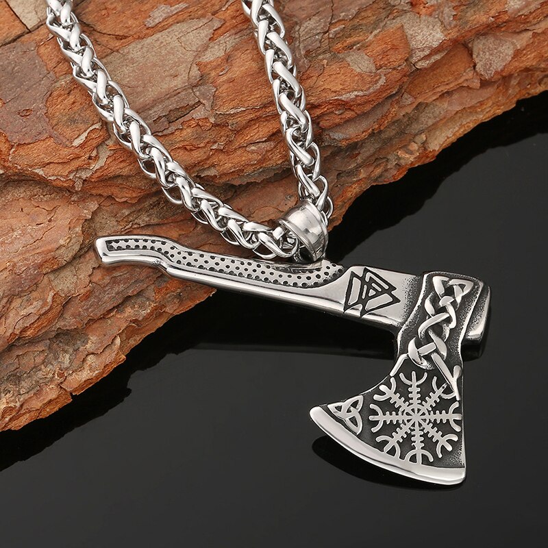 [316 Stainless Steel] Nordic Double-sided Viking Tomahawk Odin Triangle Guardian Awe Helmet Men&#39;s and Women&#39;s Pendant Necklace