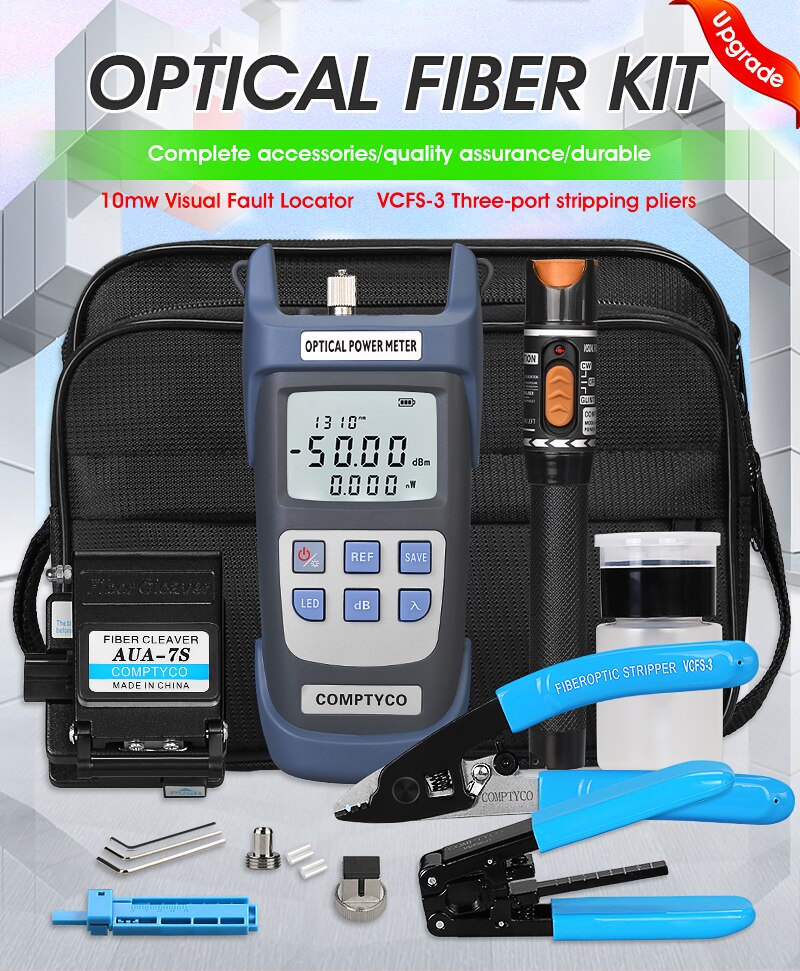 19 IN 1 FTTH Fiber Optic Tool Kit with -70~+10dBm Optical Power Meter 10MW Visual Fault Locator OPM VFL