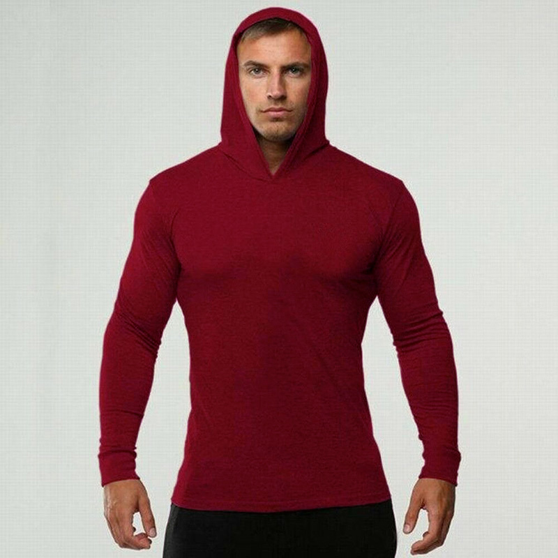 Ropa de gimnasio de Color sólido, camiseta ajustada de manga larga con capucha, Sudadera con capucha transpirable de algodón, ropa deportiva muscular para culturismo y Fitness para hombre