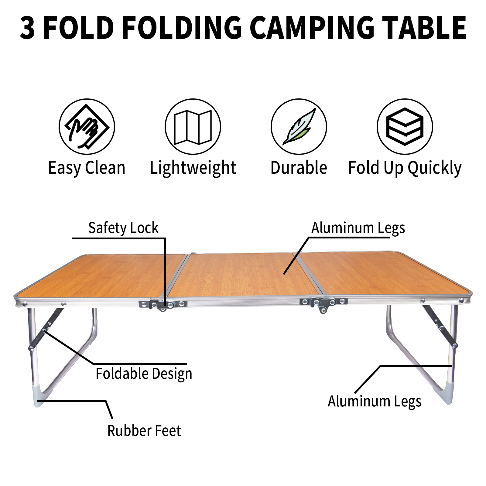 Folding Camping Table,Portable Picnic Table with Aluminum Legs,3 Fold Lightweight Sturdy Bed Table with Carry