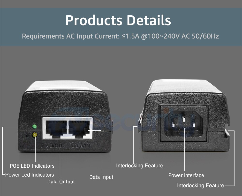 1000Mbps Gigabit 60W High Power POE Injector At 4-pairs standard DC 54V Output 100-240V Input POE Power For CCTV PTZ IP Camera