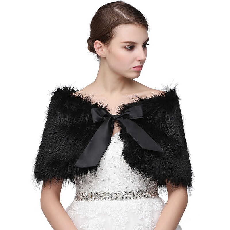 In Stock Wedding Bridal Wraps Black Faux Fur Bolero Winter Bride Wedding Shawls with Bow Wedding Accessories: black